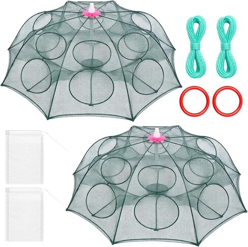 2 Pack Crawfish Traps 8-Sided 16-Entrance Fishing Net Foldable Fishing Bait Trap Cast Net Cage with Pull Rope, Bait Bag & Floating Ring for Catching Minnow Fish Crayfish Shrimp Crab Lobster in Saudi Arabia