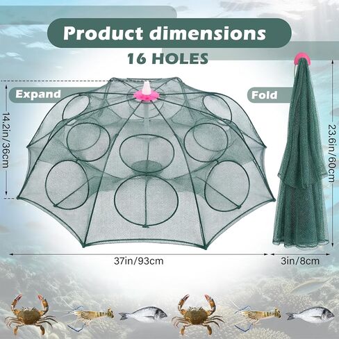 2 Pack Crawfish Traps 8-Sided 16-Entrance Fishing Net Foldable Fishing Bait Trap Cast Net Cage with Pull Rope, Bait Bag & Floating Ring for Catching Minnow Fish Crayfish Shrimp Crab Lobster in Saudi Arabia