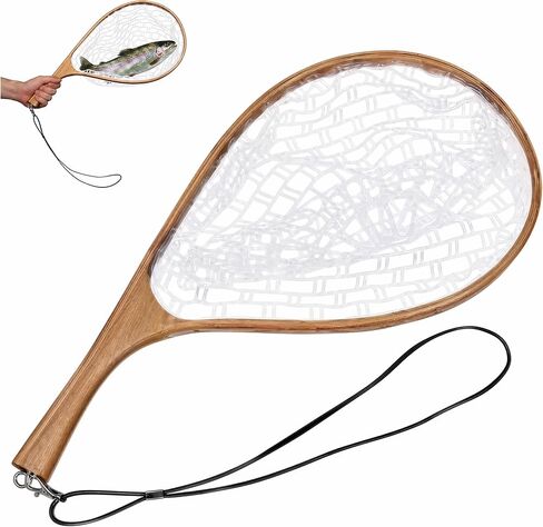 25.5in Fly Fishing Net, Trout Net with Wooden Handle, Soft Rubber Catch and Release Landing Net, Lightweight Fish Net with Safety Lanyard for Stream Creek River Fishing in Saudi Arabia
