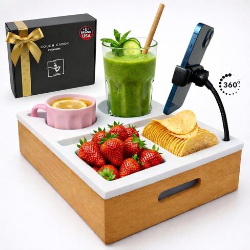 Couch Caddy with Cup Holder Tray Silicone & Bamboo with a Fully Flexible 360° Phone Mount That adapts to Any Viewing Angle – Multifunctional Organizer. in Saudi Arabia