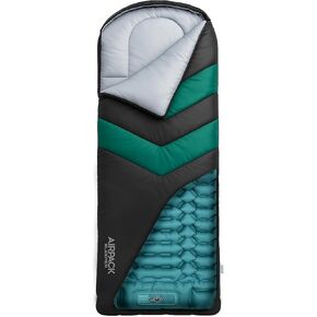 كيس نوم مع وسادة مدمجة (AirPack Sleeper) - وسادة نوم الكل في واحد قابلة للنفخ وبطانية بسحاب للتخييم مع مضخة قدم مدمجة (أسود/أخضر) 80 بوصة × 30 بوصة in Kuwait