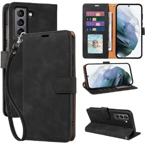 Wallet Case for Samsung Galaxy S21 - RFID Blocking PU Leather Flip Folio Cover, 4 Card Slots & Cash Pocket, Kickstand, Detachable Wrist Strap, Shockproof Protective Case (Black) in Saudi Arabia