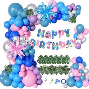 131Pcs Stich Balloons Birthday Party Decorations Garland Arch Kit, Blue Purple Balloon Happy Birthday Banner Palm Leaves Flower for Kids Stich Birthday Baby Shower Hawaii Tropical Party Supplies in Kuwait