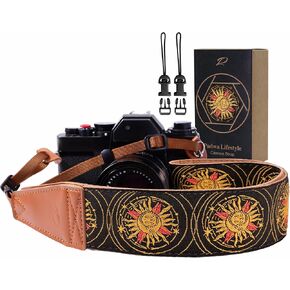 حزام كاميرا Padwa Lifestyle Night Sun God - 2 بوصة من الجلد المحبب بالكامل أشرطة كاميرا للمصورين، حزام مبطن من نسيج القطن الناعم المطرز العتيق، سريع الفك يناسب جميع الكاميرات in Kuwait
