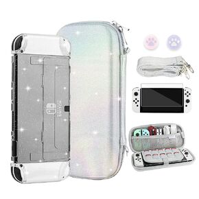 FANPL Glitter Case bundle for Nintendo Switch Accessories, Rainbow Sparkle Carrying Cover for Switch & Joy Con Controller with Hard Protective Skin and Screen protector, 2 Thumb Grips, Shoulder Strap in Saudi Arabia