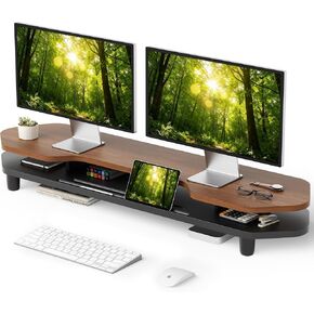 Dual Monitor Stand Riser, 39.4 Inch Large Monitor Stand with Storage Shelf, 2-Tier Desk Organizer for PC, Laptop, Printer | 2 Slots for Phone/Tablet, Computer Monitor Riser, Wood Desk Shelf for TV in Saudi Arabia