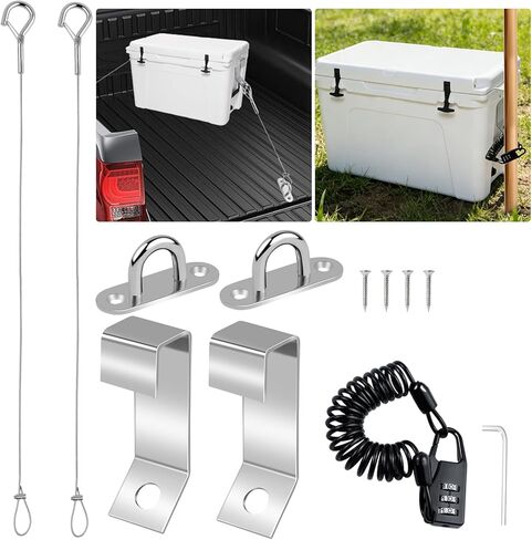 Cooler Lock Bracket,Cooler Tie Down Kit with Cable Combination Lock Stainless Steel Ice Chest Bracket Security Kit for Mid to Large Size Thermal Box in Kuwait