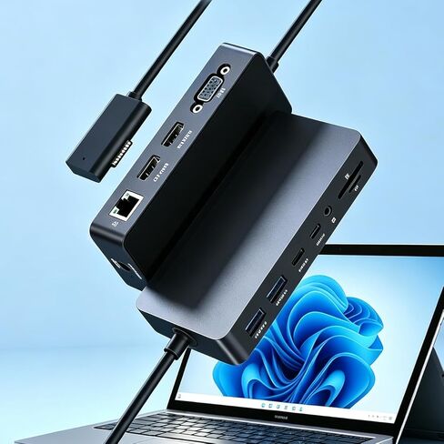 محطة إرساء سطحية جديدة 12 في 1 لسطح العرض الثلاثي، HDMI مزدوج وVGA مع محول طاقة 72 وات، 5 جيجابت في الثانية USB وUSB C، متوافقة مع جميع سلسلة MS Surface Pro/Laptop/Book/Go للاستخدام المكتبي والمنزلي in Saudi Arabia