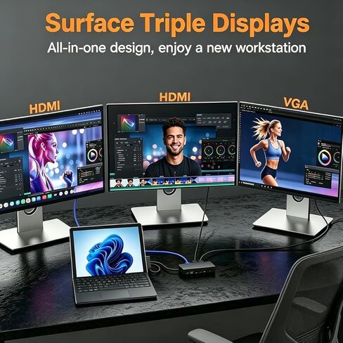 محطة إرساء سطحية جديدة 12 في 1 لسطح العرض الثلاثي، HDMI مزدوج وVGA مع محول طاقة 72 وات، 5 جيجابت في الثانية USB وUSB C، متوافقة مع جميع سلسلة MS Surface Pro/Laptop/Book/Go للاستخدام المكتبي والمنزلي in Saudi Arabia