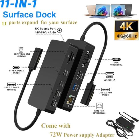 Surface Pro Docking Station Dual Monitor 4K@60Hz HDMI+VGA, 11 in 1 Surface Dock 2 USB C Travel Surface Docking for MS Surface Pro 12/11/10/9/X/8/7/6/5/4/3,Surface Laptop 7-1, Surface Go/Book in Saudi Arabia