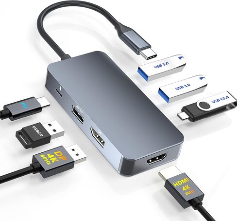 محطة إرساء USB C بمنفذ عرض HDMI 4K@60 هرتز، شاشة مزدوجة لأجهزة الكمبيوتر المحمول Dell/HP/Mac، 7 في 1 USB C إلى HDMI ومحول Displayport متعدد المنافذ مع بيانات USB3.0/USB-C/PD، محطة إرساء شاشة مزدوجة in Kuwait