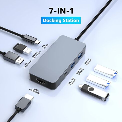 محطة إرساء USB C بمنفذ عرض HDMI 4K@60 هرتز، شاشة مزدوجة لأجهزة الكمبيوتر المحمول Dell/HP/Mac، 7 في 1 USB C إلى HDMI ومحول Displayport متعدد المنافذ مع بيانات USB3.0/USB-C/PD، محطة إرساء شاشة مزدوجة in Kuwait