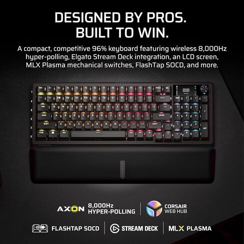 لوحة مفاتيح الألعاب Corsair Vanguard 96 الميكانيكية اللاسلكية RGB - QWERTY US، تخطيط 96٪، مفاتيح MLX قابلة للتبديل السريع، 8000 هرتز، تكامل سطح السفينة، Flashtap SOCD - أسود in Saudi Arabia