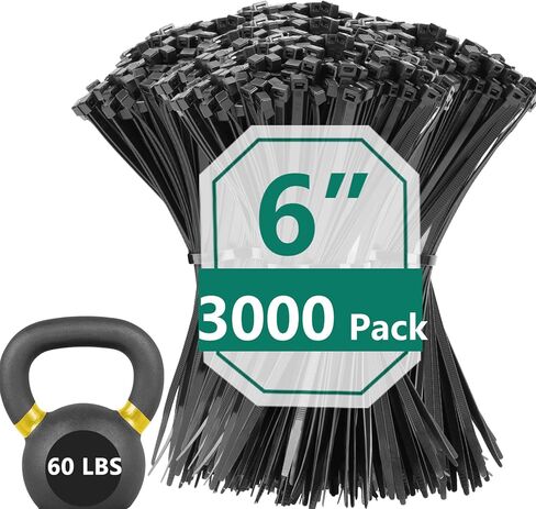 3000 Pack 6 Inch Black Zip Ties, 40 LBS Heavy Duty Cable Ties, UV Resistant Nylon Wire Ties, Self-Locking Plastic Straps for Indoor & Outdoor Use in Saudi Arabia
