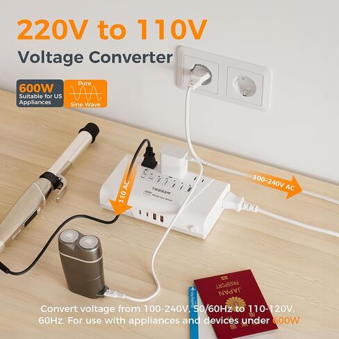 TESSAN 600W Pure Sine Wave 220V to 110V Voltage Converter US to Europe, Universal Travel Adapter with 4 USB Ports PD 35W QC 30W, EU/UK/AU/IT/India Plug Adaptor, Step Down Transformer Power Converters in Saudi Arabia
