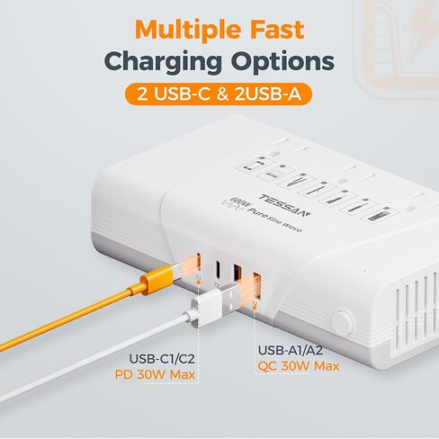 TESSAN 600W Pure Sine Wave 220V to 110V Voltage Converter US to Europe, Universal Travel Adapter with 4 USB Ports PD 35W QC 30W, EU/UK/AU/IT/India Plug Adaptor, Step Down Transformer Power Converters in Saudi Arabia