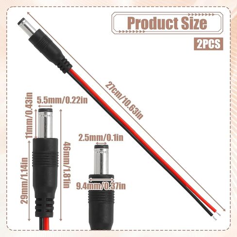 2 قطعة 26AWG DC كابل ضفيرة الطاقة، 0.8FT 5.5 مم × 2.5 مم كابل ضفيرة ذكر برميل جاك التوصيل إلى الأسلاك العارية كابلات إصلاح مفتوحة النهاية موصل DC 5525 لكاميرا مراقبة CCTV، ضوء LED، مصدر الطاقة in Kuwait