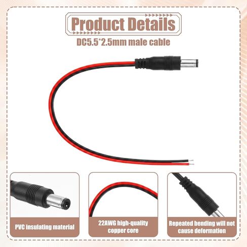 2 قطعة 26AWG DC كابل ضفيرة الطاقة، 0.8FT 5.5 مم × 2.5 مم كابل ضفيرة ذكر برميل جاك التوصيل إلى الأسلاك العارية كابلات إصلاح مفتوحة النهاية موصل DC 5525 لكاميرا مراقبة CCTV، ضوء LED، مصدر الطاقة in Kuwait