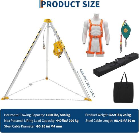 Confined Space Aid Tripod Kit – 1200 Lb Winch, 8' Adjustable Steel Legs, 98' Anti-Rotation Cable, 33' Fall Protection, Fall Arrester, Storage Bag – Industrial Equipment for Manhole & Tunnel Ope in Saudi Arabia