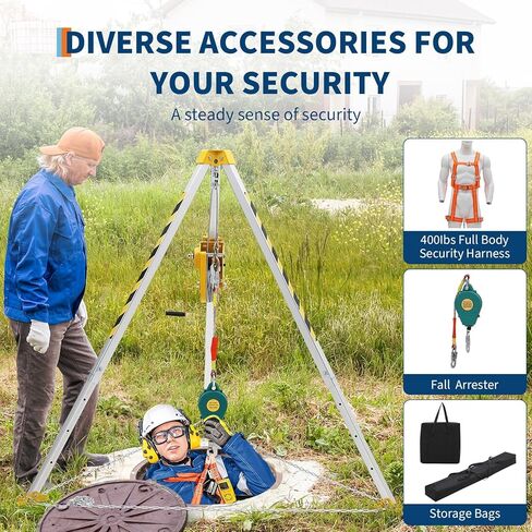 Confined Space Aid Tripod Kit – 1200 Lb Winch, 8' Adjustable Steel Legs, 98' Anti-Rotation Cable, 33' Fall Protection, Fall Arrester, Storage Bag – Industrial Equipment for Manhole & Tunnel Ope in Saudi Arabia