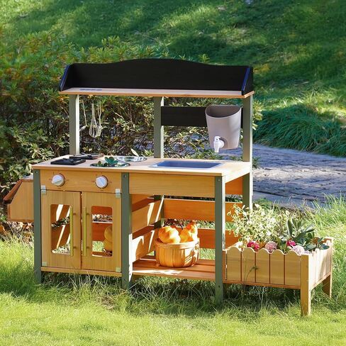 ROBOTIME Mud Kitchen for Kids Outdoor, Wood Outdoor Kitchen with Insect Observation Box & Planter Box, Toddler Play Kitchen with Removable Sink & Faucet, Pretend Outdoor Playset for Garden Fun in Saudi Arabia