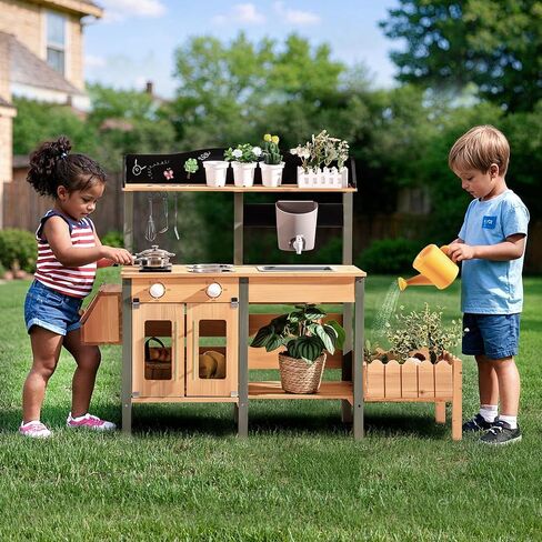 ROBOTIME Mud Kitchen for Kids Outdoor, Wood Outdoor Kitchen with Insect Observation Box & Planter Box, Toddler Play Kitchen with Removable Sink & Faucet, Pretend Outdoor Playset for Garden Fun in Saudi Arabia
