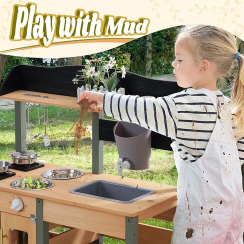 ROBOTIME Mud Kitchen for Kids Outdoor, Wood Outdoor Kitchen with Insect Observation Box & Planter Box, Toddler Play Kitchen with Removable Sink & Faucet, Pretend Outdoor Playset for Garden Fun in Saudi Arabia