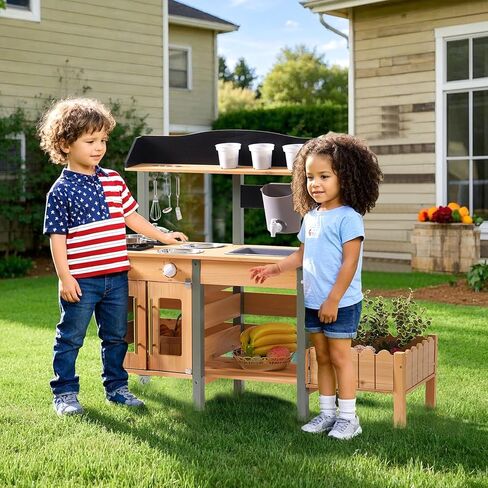 ROBOTIME Mud Kitchen for Kids Outdoor, Wood Outdoor Kitchen with Insect Observation Box & Planter Box, Toddler Play Kitchen with Removable Sink & Faucet, Pretend Outdoor Playset for Garden Fun in Saudi Arabia