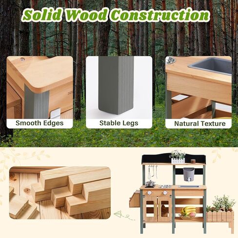 ROBOTIME Mud Kitchen for Kids Outdoor, Wood Outdoor Kitchen with Insect Observation Box & Planter Box, Toddler Play Kitchen with Removable Sink & Faucet, Pretend Outdoor Playset for Garden Fun in Saudi Arabia