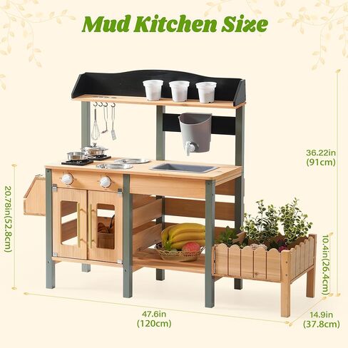 ROBOTIME Mud Kitchen for Kids Outdoor, Wood Outdoor Kitchen with Insect Observation Box & Planter Box, Toddler Play Kitchen with Removable Sink & Faucet, Pretend Outdoor Playset for Garden Fun in Saudi Arabia