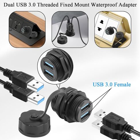 QIANRENON Dual USB3.0 Threaded Fixed Waterproof Connector 5Gbps Dual USB 3.0 Female to Female Bulkhead Mount Adapter 2 USB Port Front Panel Mount Socket 5V1.5A IP68, for Extend 2 USB Port in Saudi Arabia