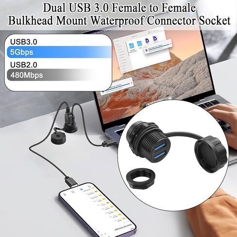QIANRENON Dual USB3.0 Threaded Fixed Waterproof Connector 5Gbps Dual USB 3.0 Female to Female Bulkhead Mount Adapter 2 USB Port Front Panel Mount Socket 5V1.5A IP68, for Extend 2 USB Port in Saudi Arabia