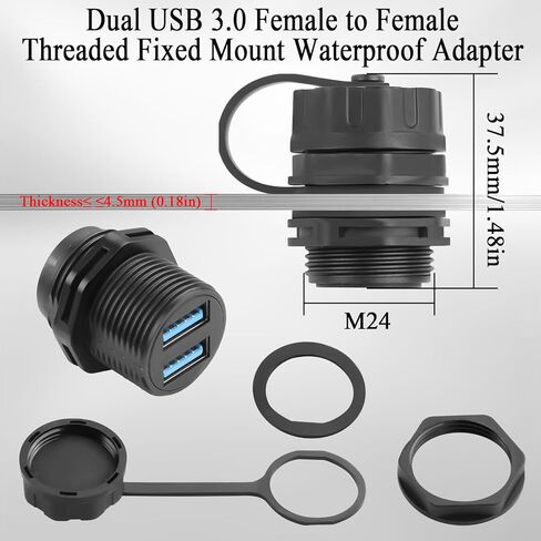 QIANRENON Dual USB3.0 Threaded Fixed Waterproof Connector 5Gbps Dual USB 3.0 Female to Female Bulkhead Mount Adapter 2 USB Port Front Panel Mount Socket 5V1.5A IP68, for Extend 2 USB Port in Saudi Arabia