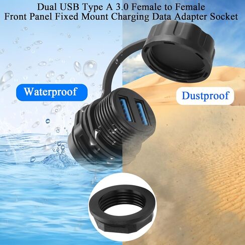 QIANRENON Dual USB3.0 Threaded Fixed Waterproof Connector 5Gbps Dual USB 3.0 Female to Female Bulkhead Mount Adapter 2 USB Port Front Panel Mount Socket 5V1.5A IP68, for Extend 2 USB Port in Saudi Arabia