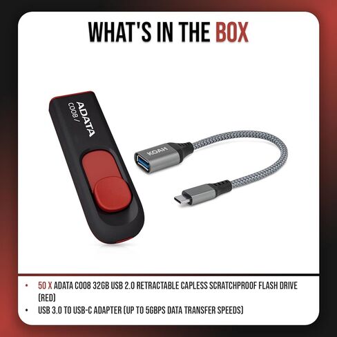 Adata C008 32GB USB 2.0 Retractable Scratchproof and Dirt-Repellent Flash Drive with Strap Hole (Red) Bundle with USB 3.0 to USB-C Adapter (50-Pack) in Saudi Arabia