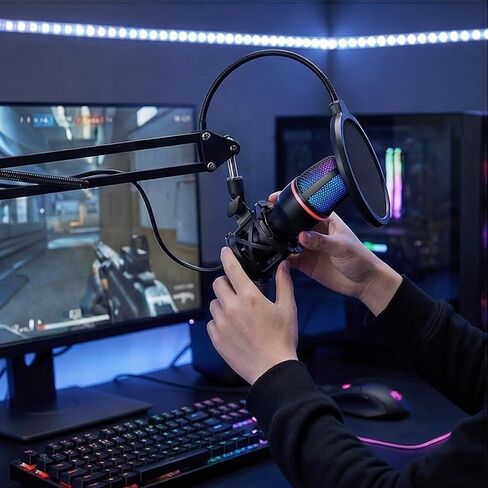 ميكروفون USB مكثف للبودكاست ومقاطع الفيديو | تسجيل عالي الدقة، تقليل الضوضاء، مراقبة في الوقت الحقيقي | كتم سريع، التحكم في الكسب، ضوء RGB، PS4/5/PC in Saudi Arabia