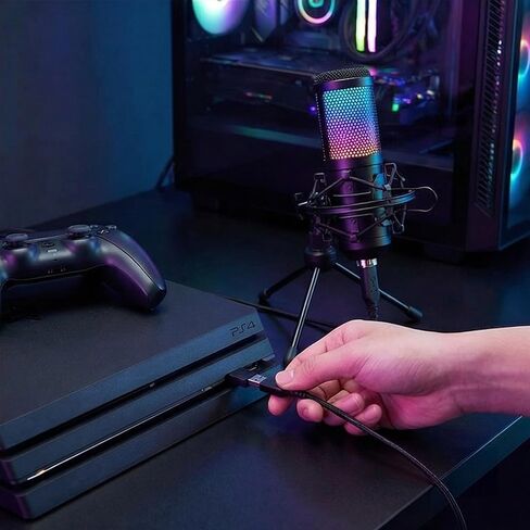ميكروفون USB مكثف للبودكاست ومقاطع الفيديو | تسجيل عالي الدقة، تقليل الضوضاء، مراقبة في الوقت الحقيقي | كتم سريع، التحكم في الكسب، ضوء RGB، PS4/5/PC in Saudi Arabia