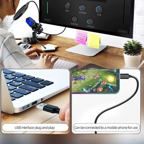 USB Computer Microphone Black, Tripod Desktop Mic with Pop Filter, RGB Light, Adjustable Shock Mount, 48KHz 16Bit for PC Laptop in Saudi Arabia