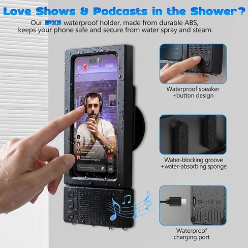 Shower Phone Holder with Wireless Bluetooth Speaker,480°Rotatable Retractable Adjustable Shower Phone Case for SmartPhone,Waterproof Anti Fog Wall Mounted Phoneholder for Bathroom Mirror,Gifts for Mom in Saudi Arabia