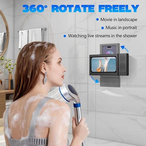 Shower Phone Holder with Wireless Bluetooth Speaker,480°Rotatable Retractable Adjustable Shower Phone Case for SmartPhone,Waterproof Anti Fog Wall Mounted Phoneholder for Bathroom Mirror,Gifts for Mom in Saudi Arabia