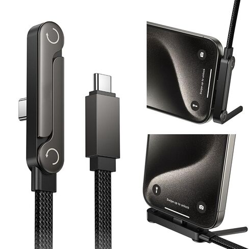 كابل شاحن USB C 2 في 1 مع حامل غير مرئي، سلك USB C إلى USB C 240 وات للشحن السريع وحامل هاتف متوافق مع هواتف iPhone وSamsung وAndroid، كابل شحن من النوع C PD، 5 أقدام، أسود in Kuwait