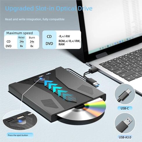 External Opticals Drive USB3.0 Disc Drive for Type C Devices Slot Loading Design Featuring Plug and Play Functionality Slot Loading Portable Disc ROM in Kuwait