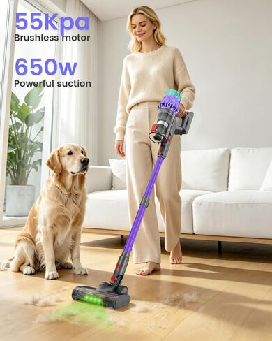 Cordless Vacuum Cleaner, 650W 48KPA 60Min Wireless Vacuum for Home, Stick Vacuum with Green Light Anti-Tangle, Rechargeable Vacuum Cleaners for Pet Hair Carpet Hard Floors （Purple） in Saudi Arabia