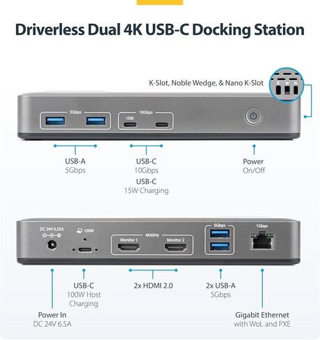 StarTech USB-C Docking Station for Dual Monitors, Dual 4K 60Hz HDMI, 100W Power Delivery Charging, 6 USB Ports (10Gbps), Gigabit Ethernet, Driverless DP Alt Mode Windows Laptop Dock in Saudi Arabia