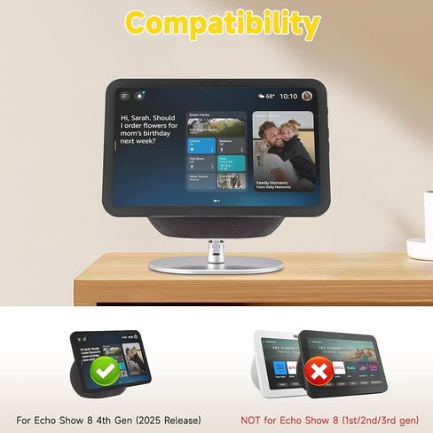 حامل قابل للتعديل لإصدار Echo Show 8 الجيل الرابع 2025، دوران أفقي 360 درجة، حامل طاولة عرض ذكي من الألومنيوم قابل للإمالة مع قاعدة مضادة للانزلاق، لا يتطلب تجميعًا (فضي) in Kuwait
