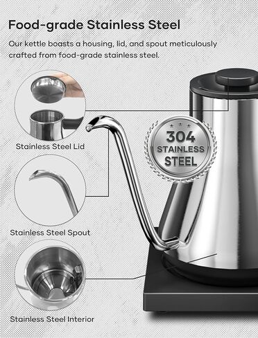 Gooseneck Electric Kettle, Offacy Pour Over Tea Kettles with LED Screen, ±1℉ Temperature Control, Full 304 Stainless Steel, Quick Heating, 6.8mm V-Shaped Spout, Hot Water Boiler, 0.9L (Silver) in Saudi Arabia