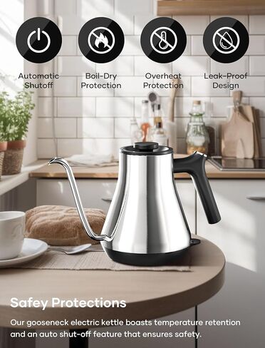 Gooseneck Electric Kettle, Offacy Pour Over Tea Kettles with LED Screen, ±1℉ Temperature Control, Full 304 Stainless Steel, Quick Heating, 6.8mm V-Shaped Spout, Hot Water Boiler, 0.9L (Silver) in Saudi Arabia
