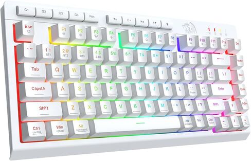 لوحة مفاتيح ألعاب لاسلكية من Redragon، سلكية بلوتوث/2.4 جيجا هرتز/USB-C، إضاءة خلفية RGB، لوحة مفاتيح غشائية ماكرو صغيرة هادئة بنسبة 75%، قابلة لإعادة الشحن، بطارية 4000 مللي أمبير في الساعة، مضادة للظلال لنظام Win/MAC، أبيض in Saudi Arabia