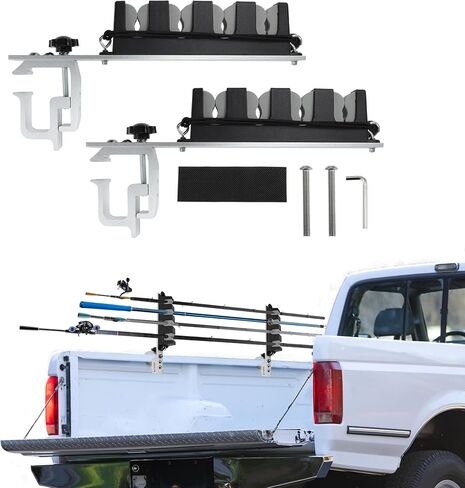 2x Aluminum Fishing Rod Holder for Truck Bed, 4 Rods Capacity, Stable C-Clamp Mount, Fishing Pole Storage Rack Holder for Truck Pickup Boat, Horizontally or Vertically Place in Saudi Arabia
