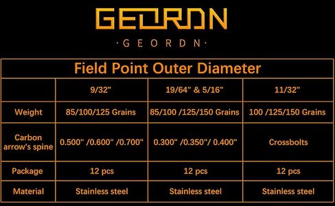 Geordn Stainless Steel Arrow Field Points 100/125/150/175/200 Grains Practice Archery Arrow Target Bullet Point Combo Point 12 PCS in Saudi Arabia